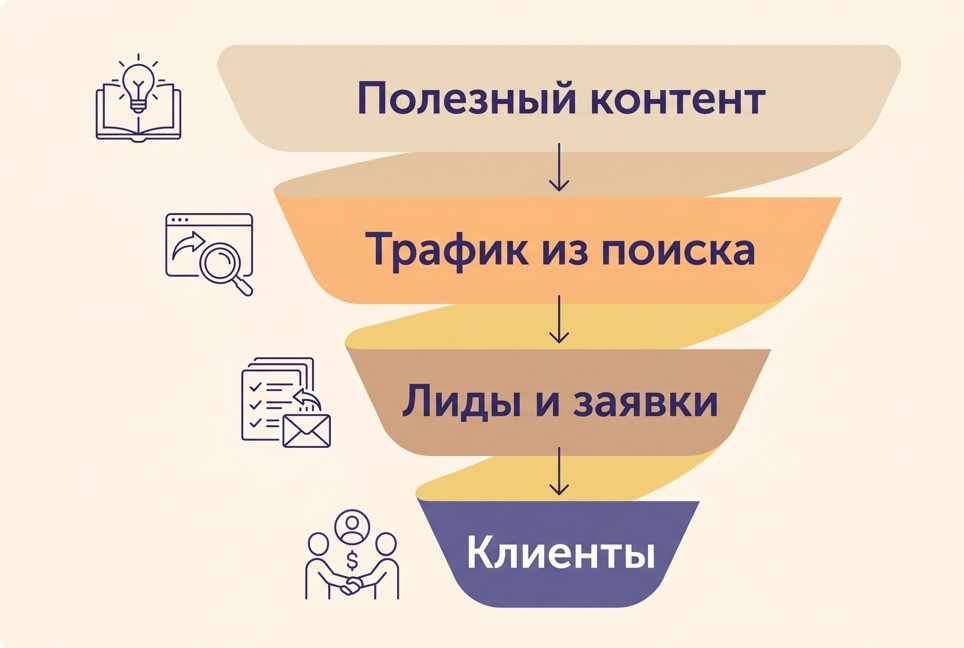 Инфографика: воронка блога от полезного контента к трафику, лидам и клиентам