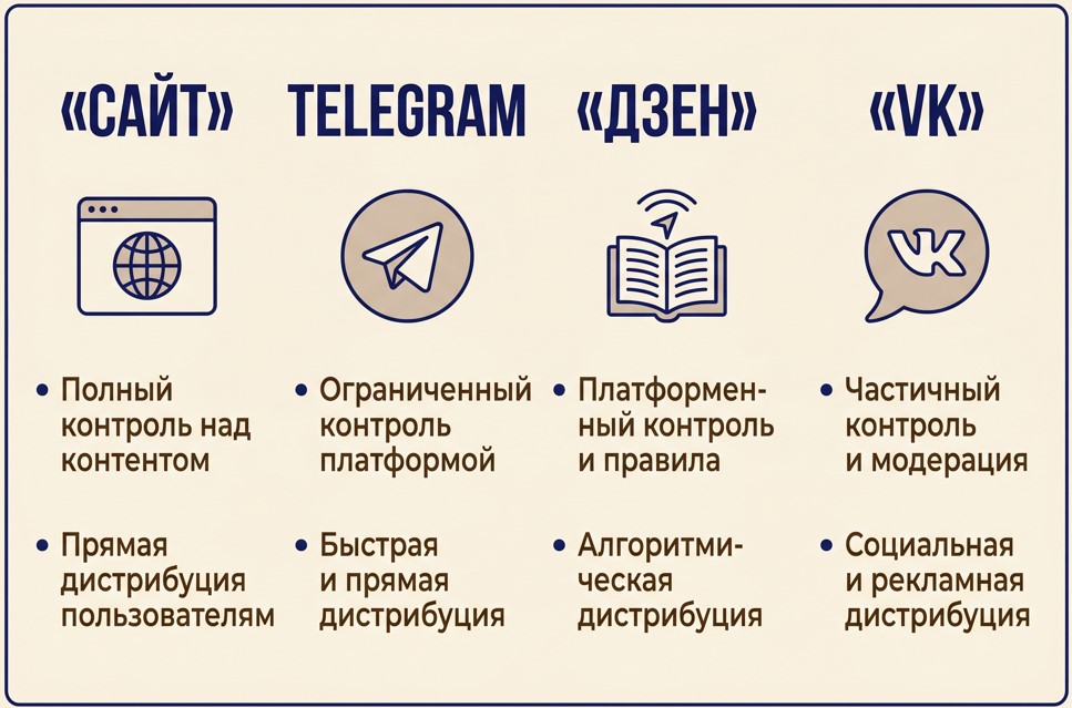 Инфографика: сравнение площадок для блога — сайт, Telegram, Дзен и VK по охвату и контролю